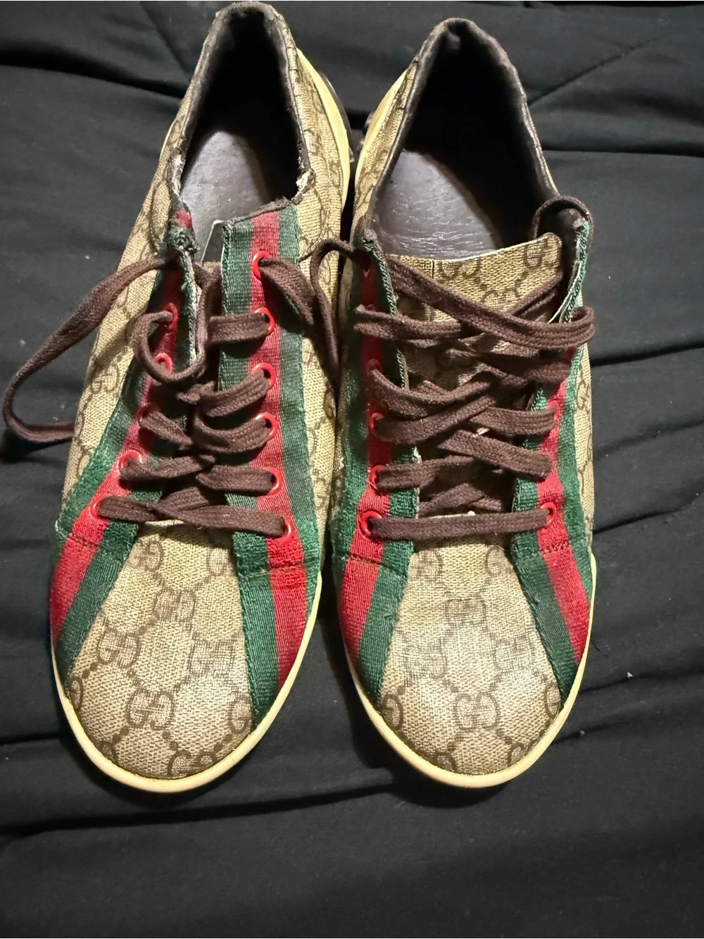 Gucci Brown GG Canvas Sneakers with Red & Green Web
